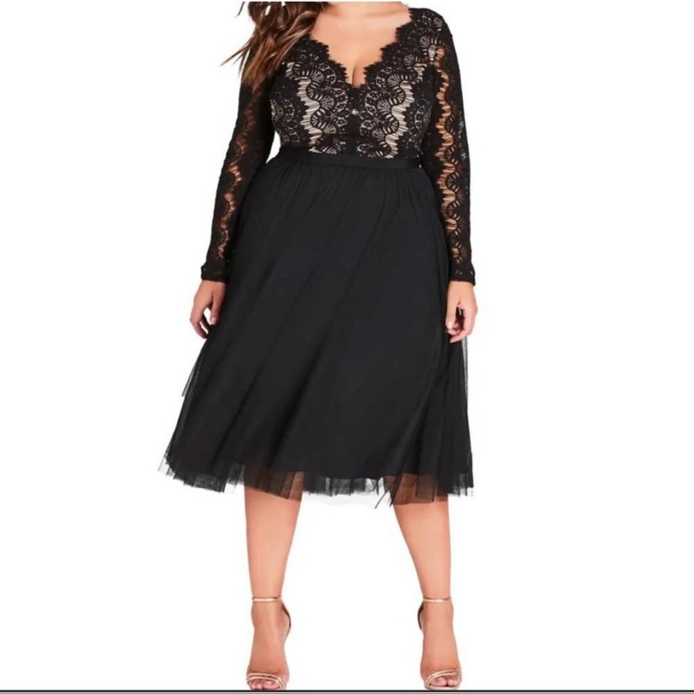 City Chic Rare Beauty Lace Fit and Flare Illusion Little Black Cocktail Dress 18